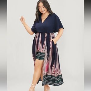 Geometric Print Ruffle Sleeve Pocket Wrap Skirt Romper NWT